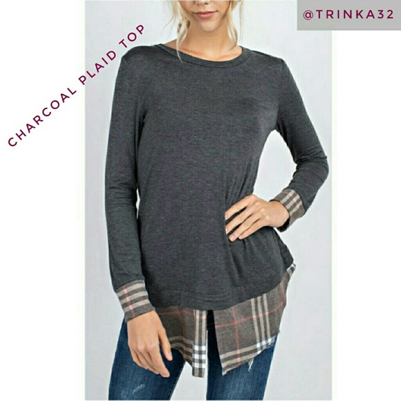*Sale Price* Charcoal & Plaid Top - Picture 1 of 2